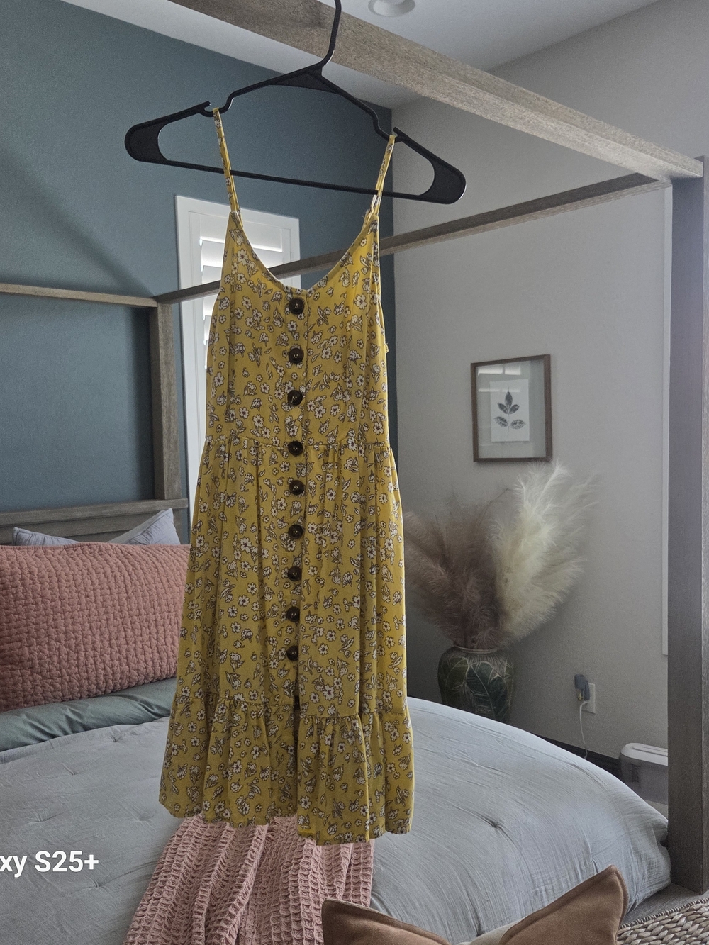 Spaghetti Strap Yellow Floral Button-Front Dress